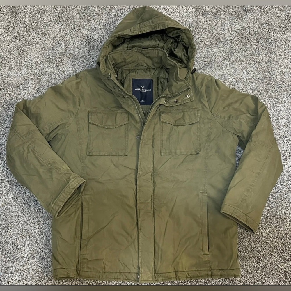 American Eagle Mens Thick Green Hooded Jacket Coat - Full Zip Up - Size LARGE